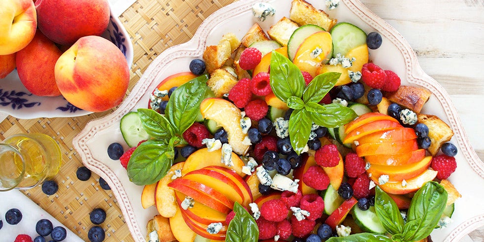 Peach Panzanella Salad with Berries and Cucumbers